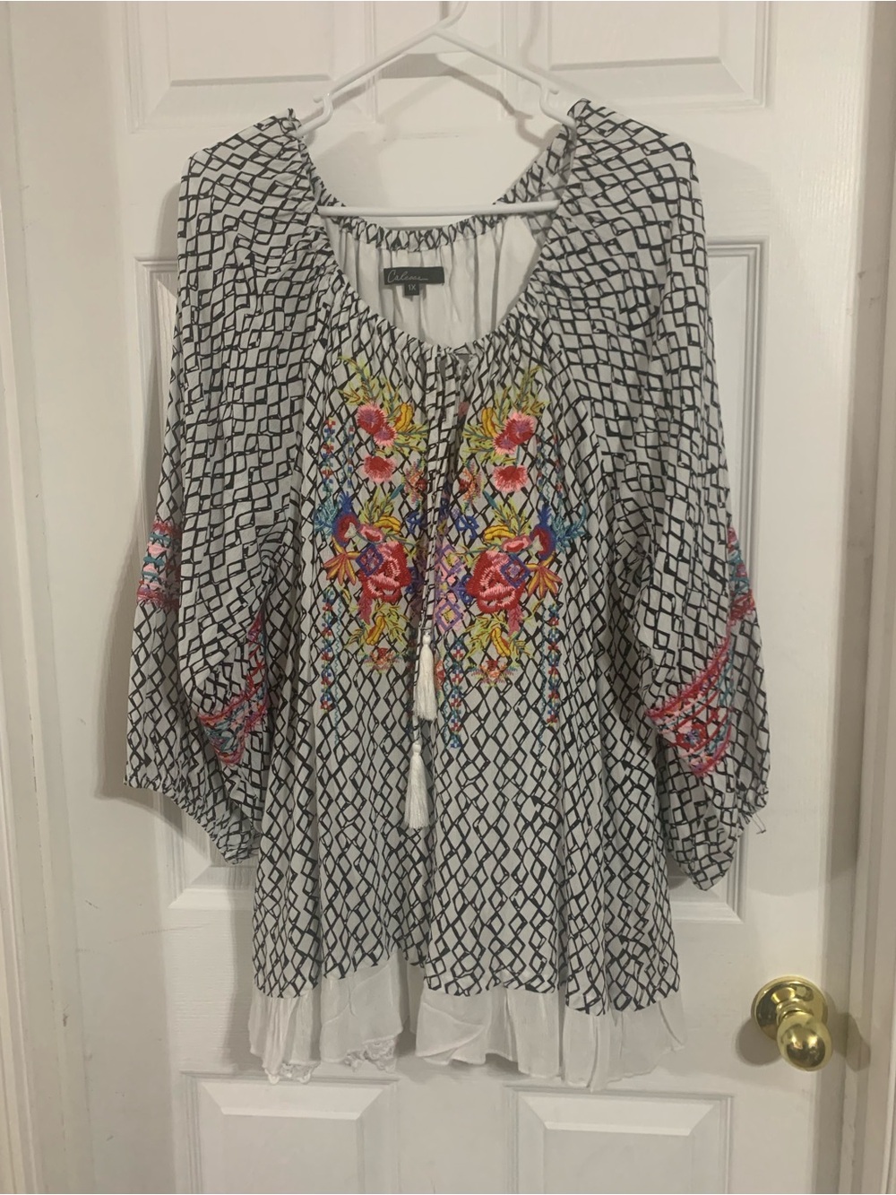 Calessa White Geometric Tunic with Bright Floral Embroidery